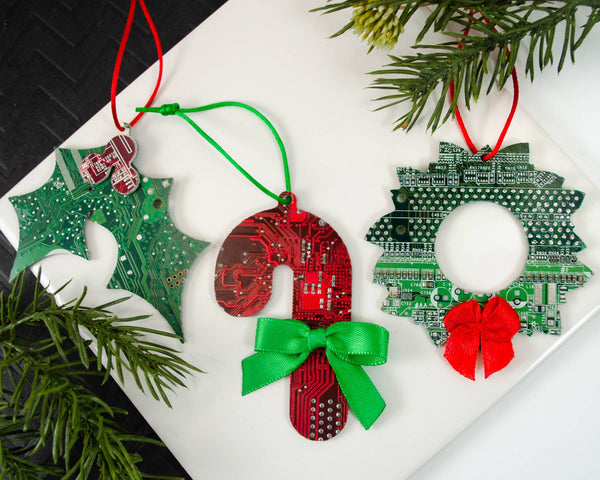 Circuit Board Ornaments - Candy Cane, Wreath, and Holly Circuit Breaker Labs