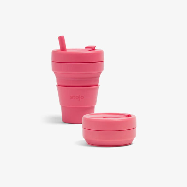 A picture of the Stojo 8oz Junior Cup, showing the collapsible design and the leak-proof lid.