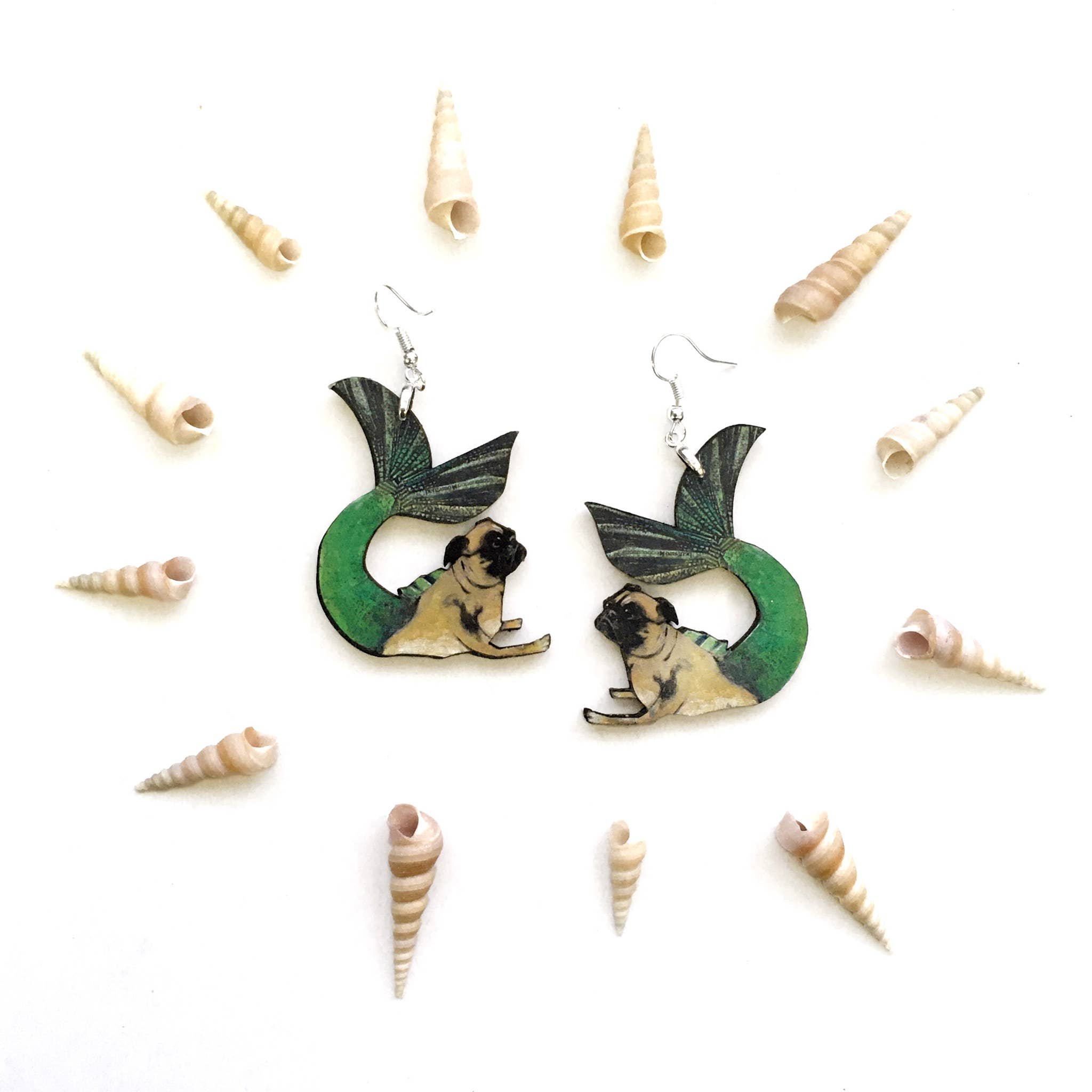 Pug Mermaid Earrings - Eco-friendly, Zero Waste, plastic free, handmade Pergamo Paper Goods