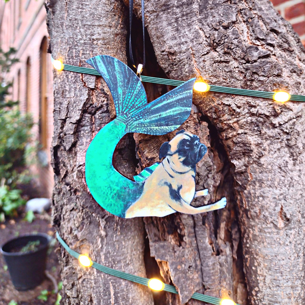 Pug Mermaid Christmas Ornament - Eco-friendly, Zero Waste, plastic free, handmade Pergamo Paper Goods