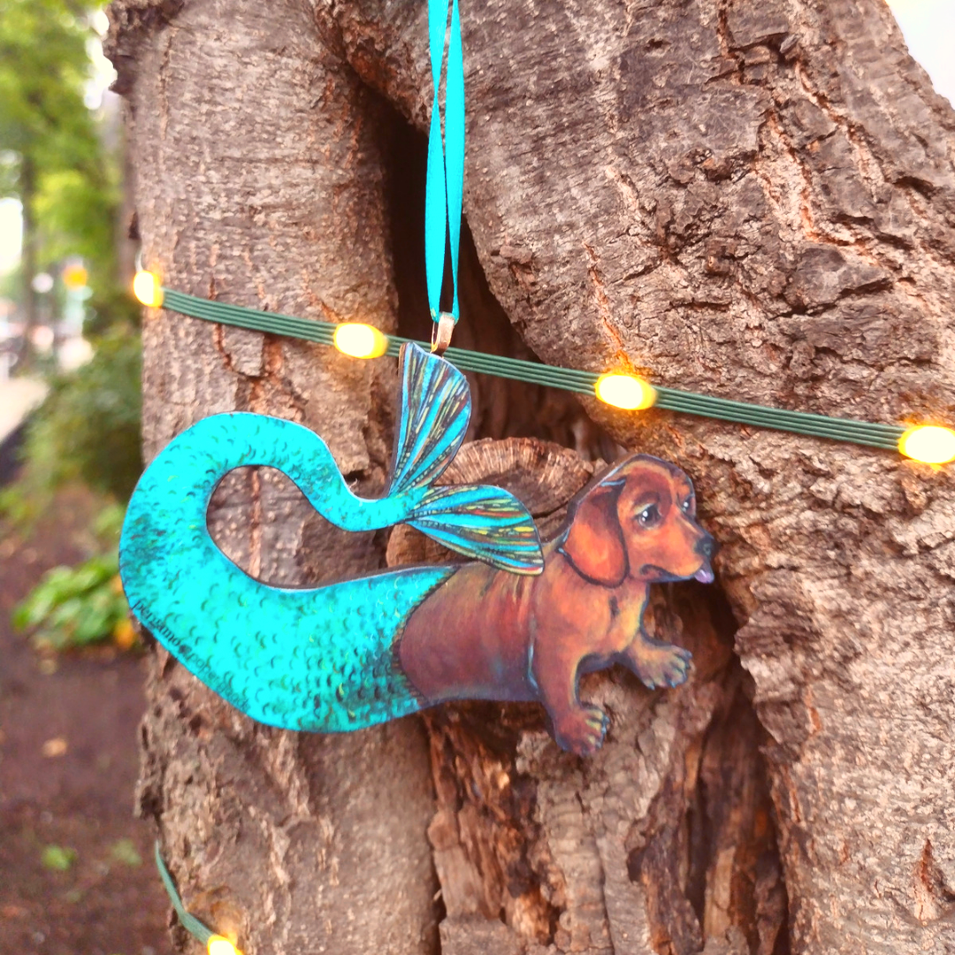 Mermaid Dachshund Christmas Ornament - Eco-friendly, Zero Waste, plastic free, handmade Pergamo Paper Goods