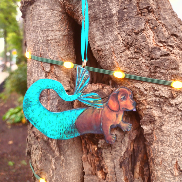 Mermaid Dachshund Christmas Ornament - Eco-friendly, Zero Waste, plastic free, handmade Pergamo Paper Goods