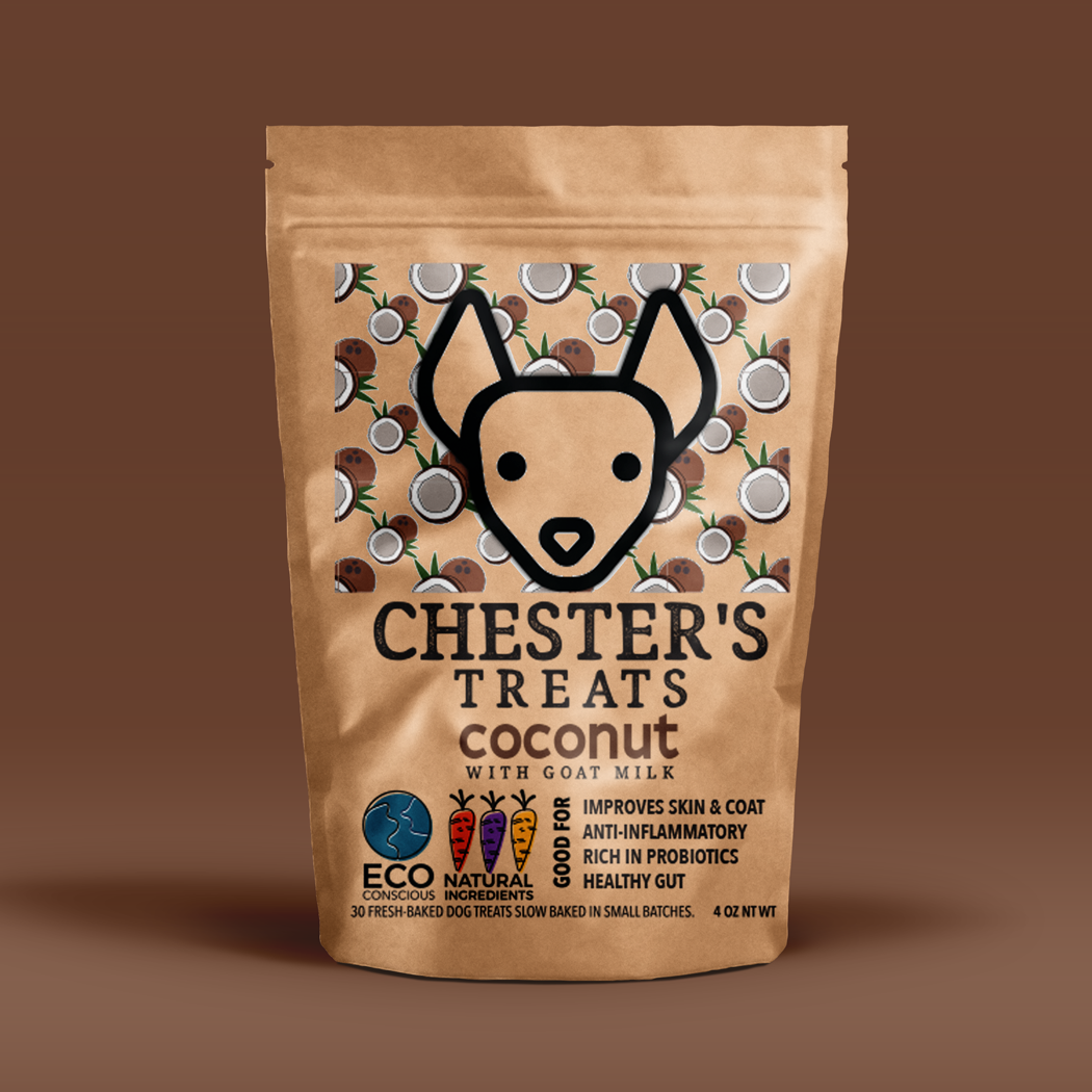 CHESTER'S Coconut Dog Treats: Skin & coat support, gut health boost! Gluten-free, fatty acids, probiotics. Delicious, healthy choice for pups. Order now!