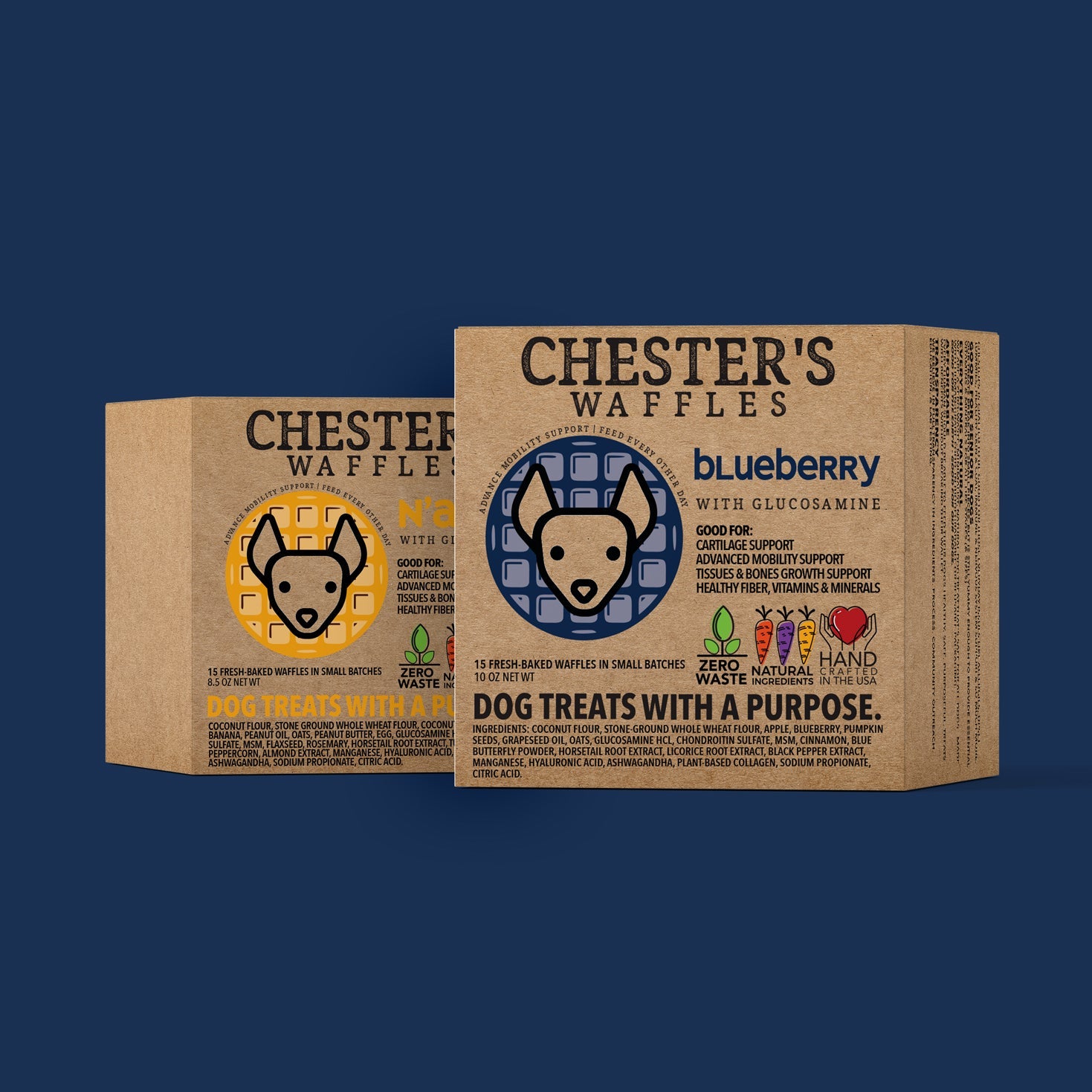 CHESTER's Super Waffles: Delicious joint support for happy dogs! Glucosamine, chondroitin, hyaluronic acid. Natural, human-grade, all pups. Treat their mobility!