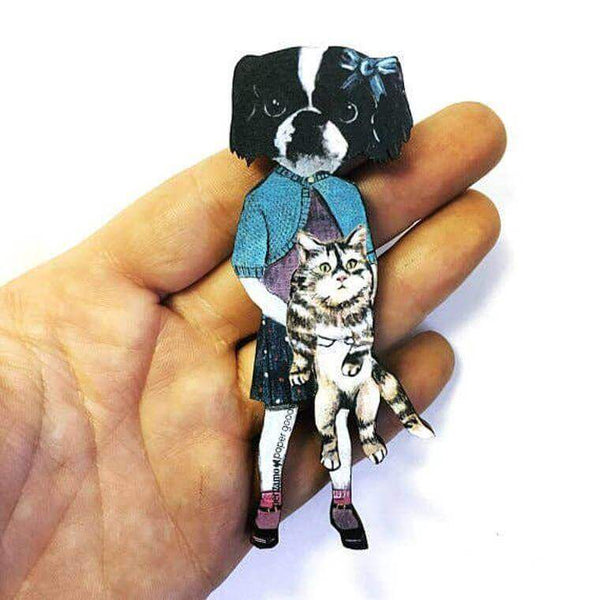 Dog holding Cat Wood Magnet - Eco-friendly, Zero Waste, plastic free, handmade Pergamo Paper Goods