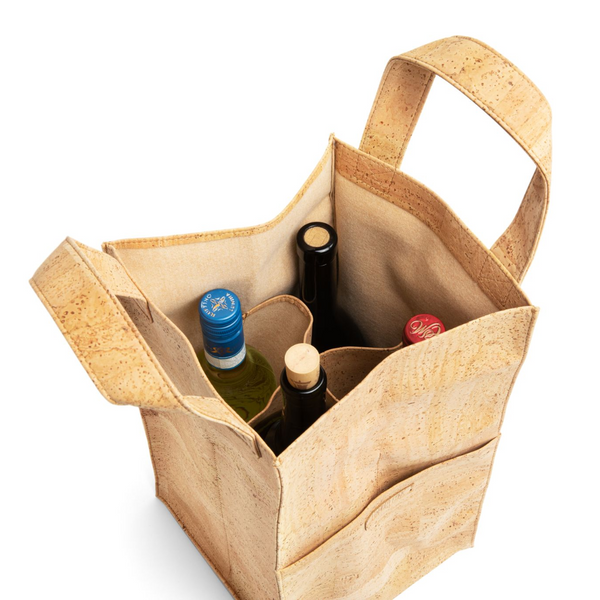 Stylish and sustainable cork wine tote for four bottles. Perfect for wine lovers and entertaining. Handmade in Portugal. Eco-friendly, durable, and lightweight. Order now!