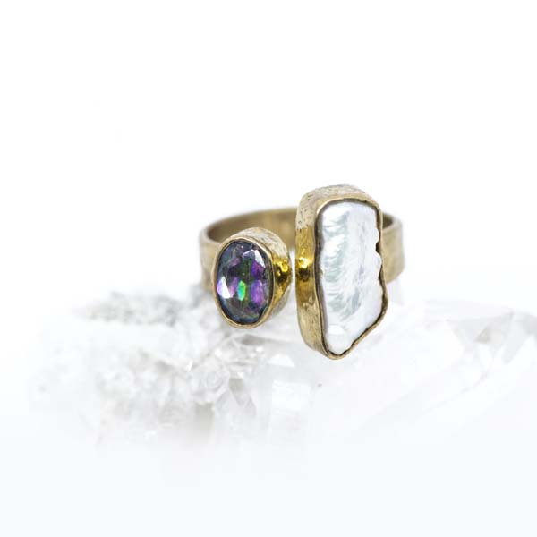 Embrace Divine Grace & Creativity: CHANDI Ring (Mystic Topaz & Biwa Pearl) - Ethical, Handmade
