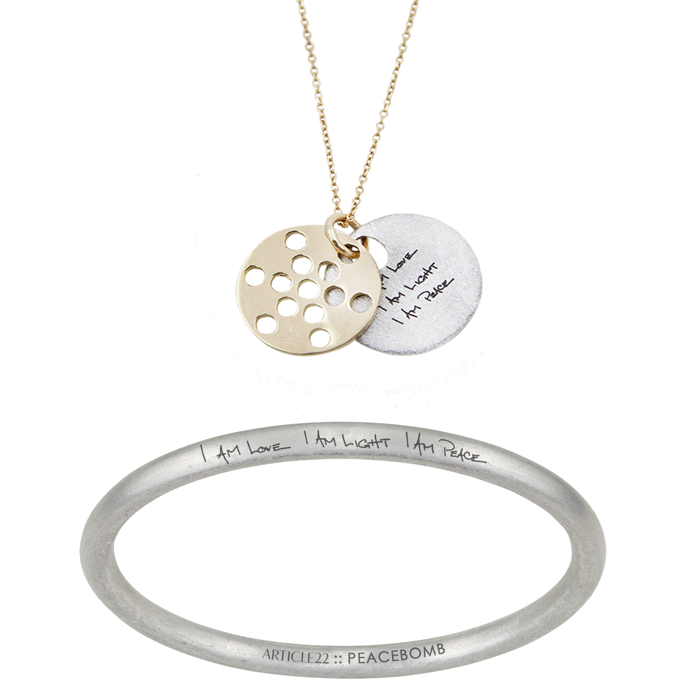 SET - FRUIT OF LIFE NECKLACE 14K + I AM LOVE I AM LIGHT I AM PEACE BANGLE (SAVE $65)