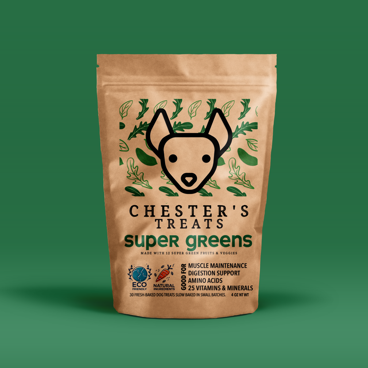  CHESTER's Super Greens Dog Treats: Muscle fuel, digestion bliss, amino acid boost! 25 vitamins & minerals. Natural, delicious, family-owned love. Power up your pup!