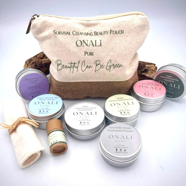 This cute travel kit pouch has everything you need to be fresh while traveling. It includes:  a Shampoo bar, a Conditioner bar, a Body Moisturizer bar, a Face & Bust cream, a Facial Cleansing pod, an Underarms Aroma pod, a Lip balm, and Toothpaste powder.