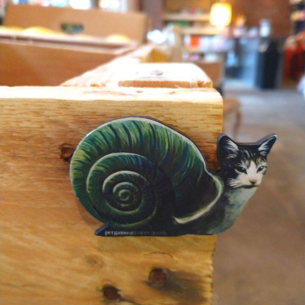 Snail Cat Wood Magnet - Eco-friendly, Zero Waste, plastic free, handmade Pergamo Paper GoodsShow your love for cats & the planet with the Snail Cat Wood Magnet! Handcrafted, zero waste & plastic-free. Vibrant artwork on reclaimed wood. Perfect for cat lovers & eco-conscious homes. Shop now & support sustainable art!