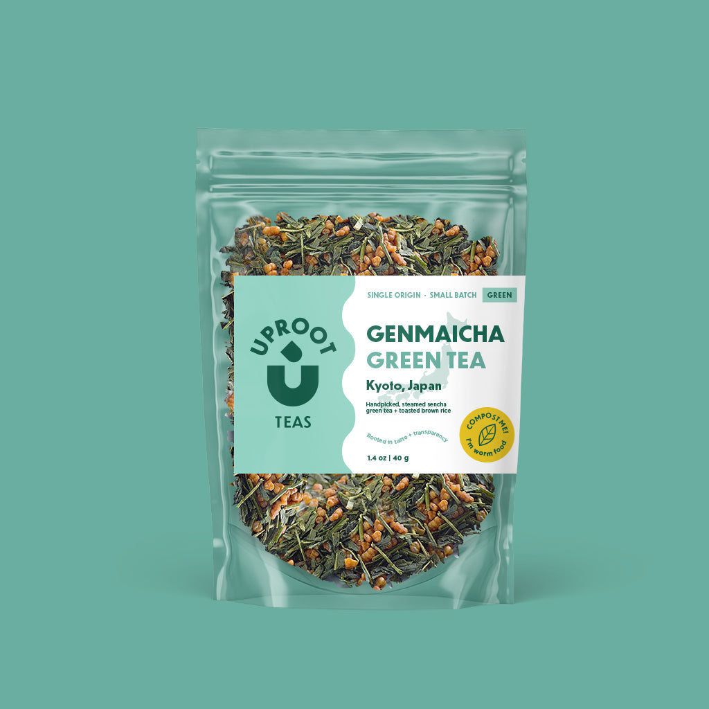 A photo of Uproot Genmaicha Green Tea in the compostable pouch