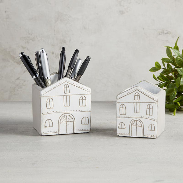 Adorable mini house planter! White House holds succulents, pens, decor. Modern cement, white & tan, 3". Unique home or office gift. Shop now!