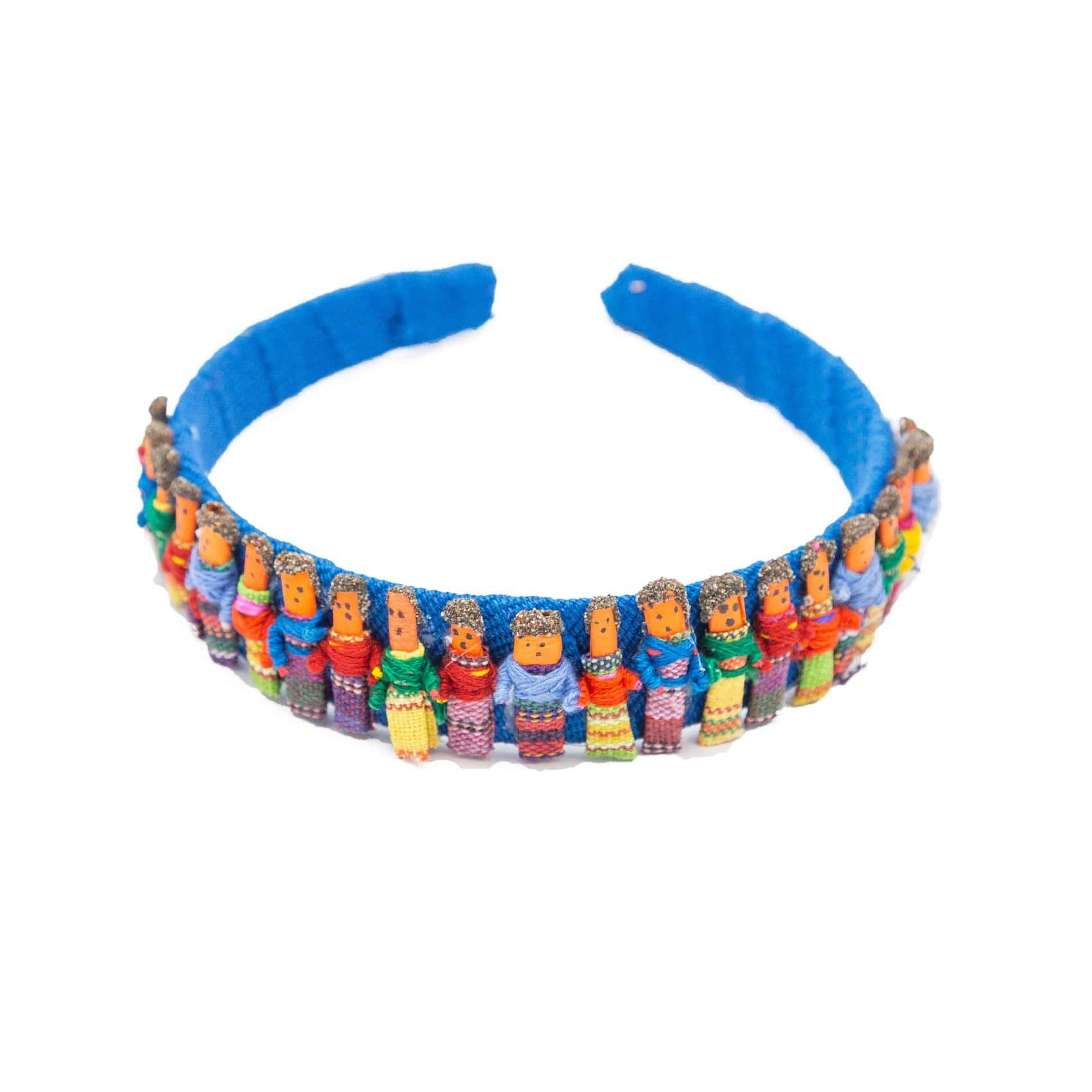 A unique take on our best-selling worry dolls, these headbands are handcrafted with care and lined with almost 24 traditional dolls!  Each doll's face is hand-painted, so every item is one-of-a-kind. In addition, the dolls are clothed in assorted colors and patterns and each headband is guaranteed to fit most adult heads. As always... Handmade and Fair Trade!