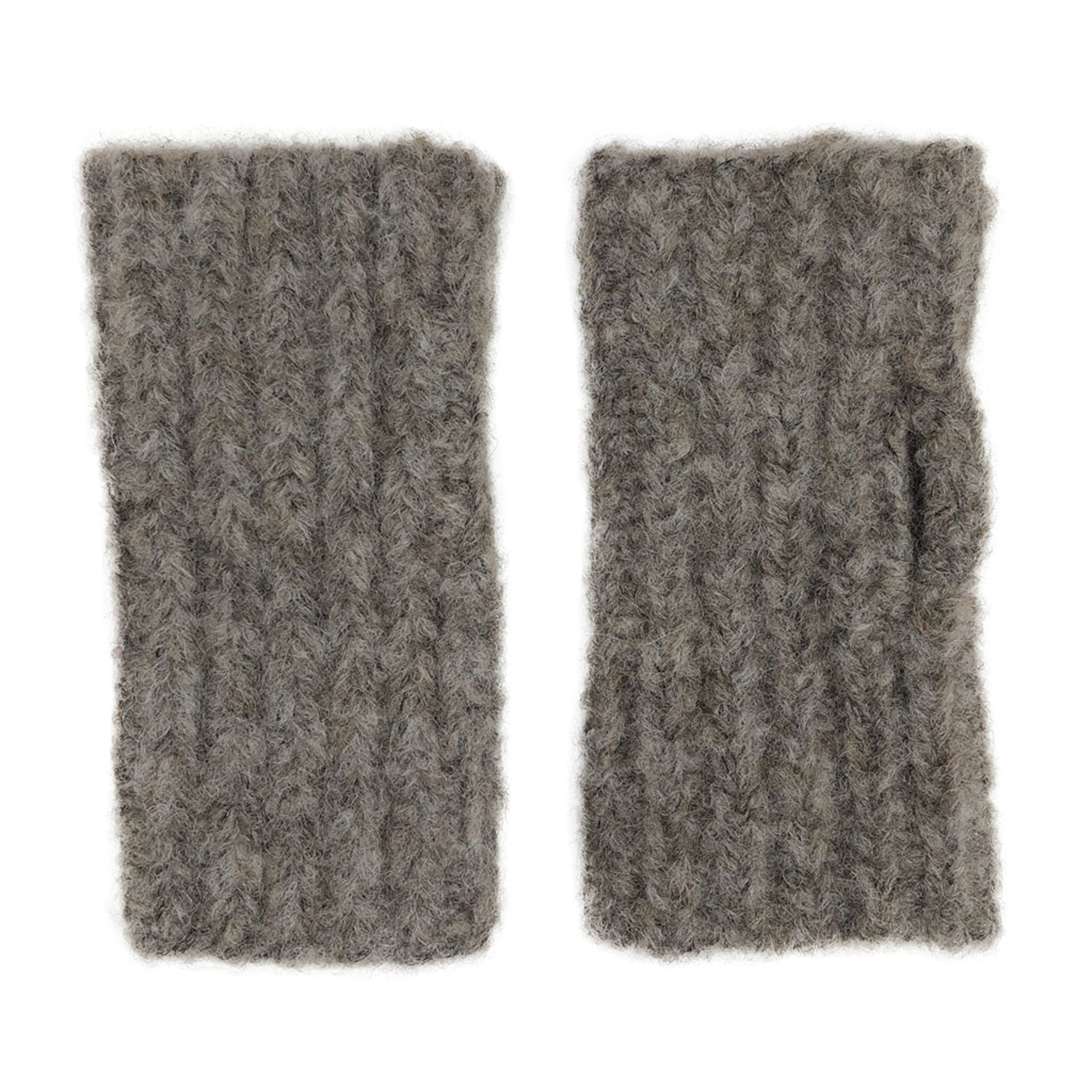 A pair of gray ribbed alpaca gloves with an open top for fingers and a slit for thumbs on a white background.