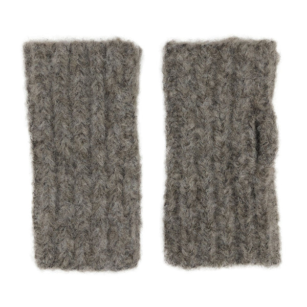 A pair of gray ribbed alpaca gloves with an open top for fingers and a slit for thumbs on a white background.