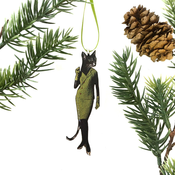 Retro Cat (in Avocado Dress) Christmas Ornament - Eco-friendly, Zero Waste, plastic free, handmade