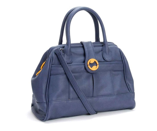 Chic & organized vegan satchel! Wythe transitions from day to weekend. Black & navy gray. Doctor's bag style, crossbody option. Eco-friendly, orange lining. Shop now!