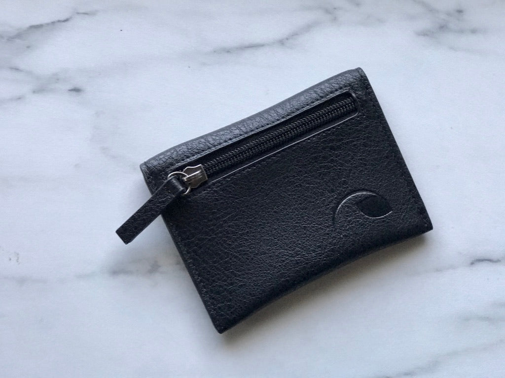 Compact & chic! Baltic Coin Wallet - leather, card & coin organizer, holds 20 cards or 10 credit cards, zippered pouch, orange lining. Black & rose gold. Shop stylish wallets now!