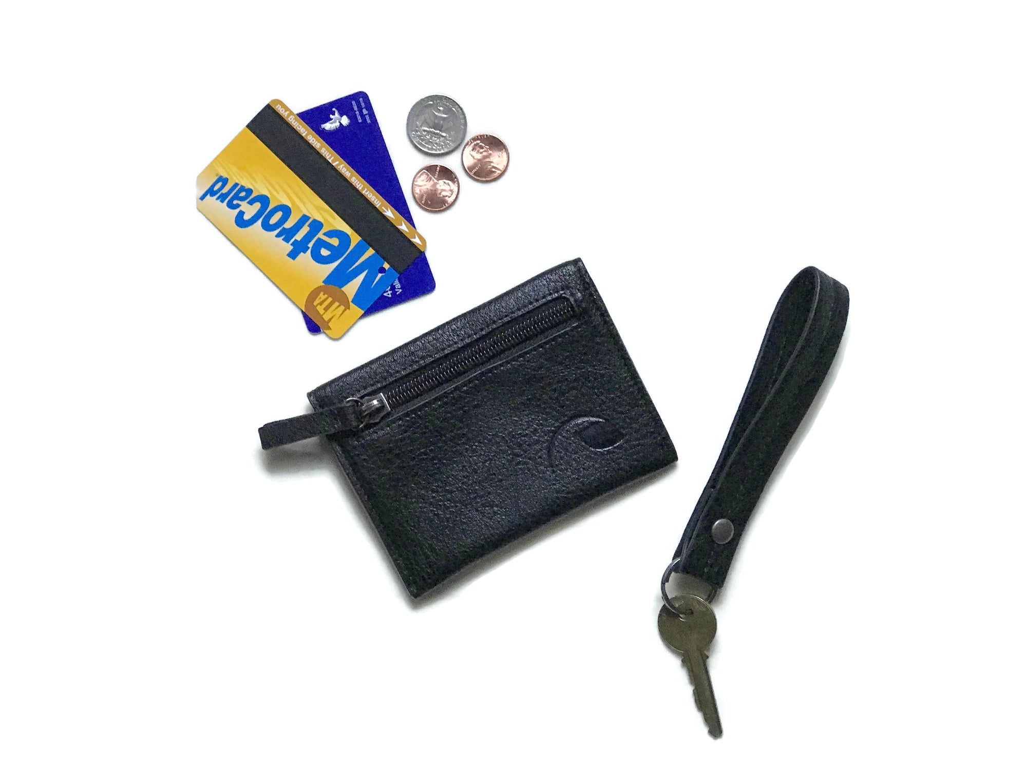 Chic Vegan Duo: Coin Wallet & Keychain Wristlet Gift Set (Minimalist, Eco-Friendly, Black & Rose Gold)