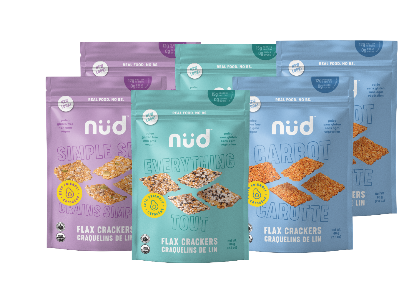 Discover your perfect keto-friendly cracker with the NUD Flax Cracker Sampler! This 6-pack offers unique flavors, all made with pure, gut-friendly ingredients. Enjoy 0-1g net carbs, 5-6g fiber, & 4-5g protein/serving. Find your favorite & satisfy your cravings guilt-free! Shop now & unleash the NUD difference!