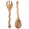 A photo of the hand-carved wooden salad serving set in both wood finishes