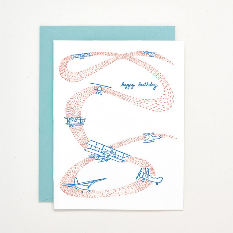 Birthday Planes Letterpress Card - Made without electricity or paper, sustainable