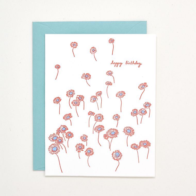 Birthday Floating Flowers Letterpress Card - made without electricity or paper, sustainable