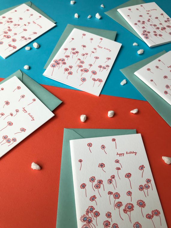 Birthday Floating Flowers Letterpress Card - made without electricity or paper, sustainable