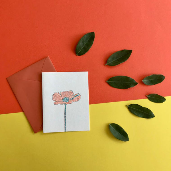 Birthday Poppy Letterpress Card - Made without electricity or paper, sustainable