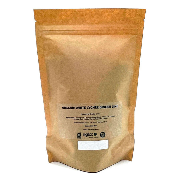Transport your taste buds to the tropics! Organic White Lychee Ginger Lime Tea - loose leaf, refreshing, unique flavor, healthy, caffeinated. Hot or iced bliss. Shop now!