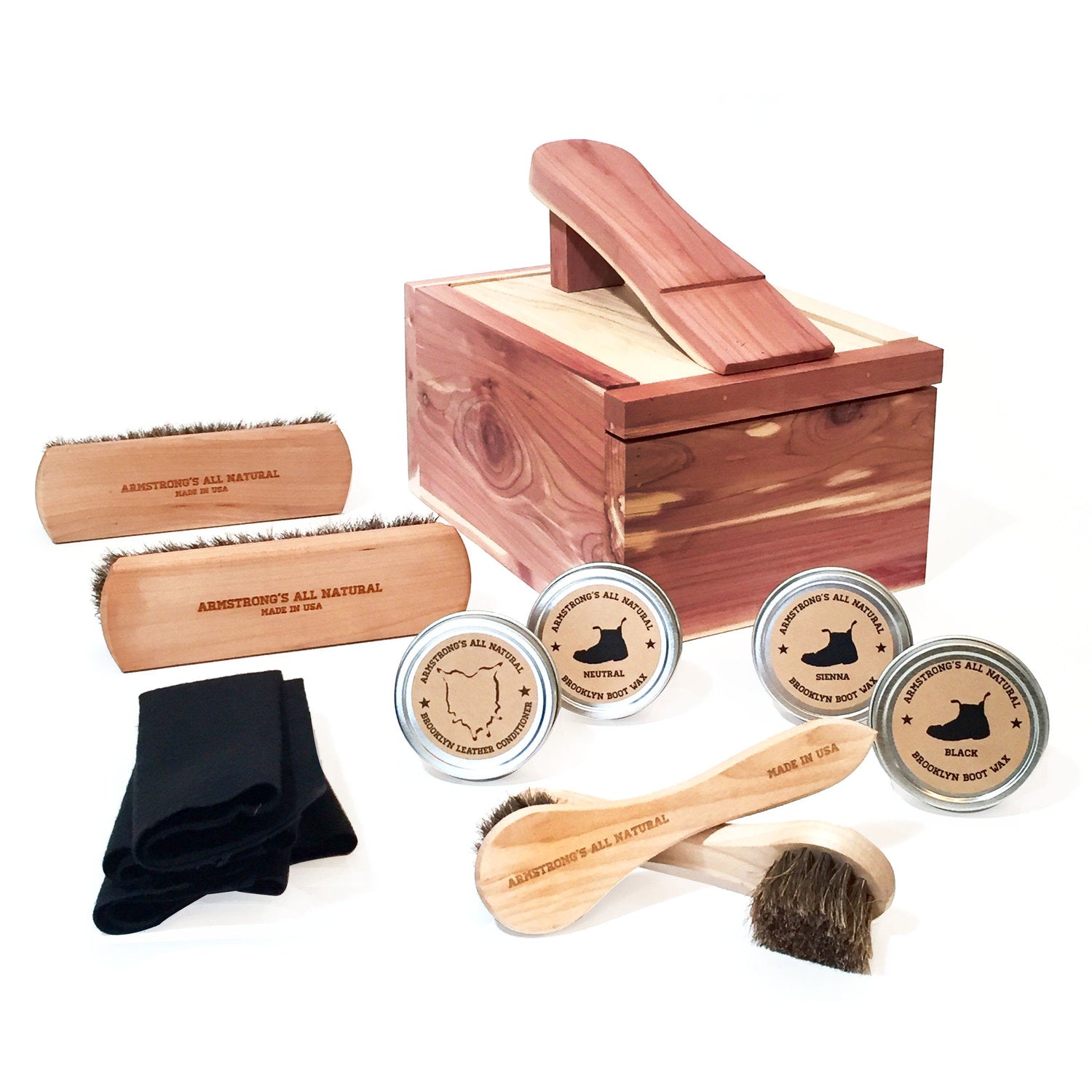 Luxury shoe polish box Step up your game with this cedar shoe shine box, proudly made in the USA and loaded with everything you need to keep your entire leather shoe collection in top shape.