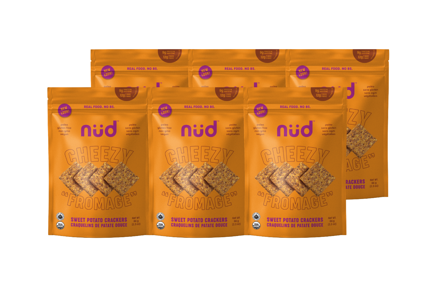 Multiple packages of nud Cheezy Parmage crackers on a white background