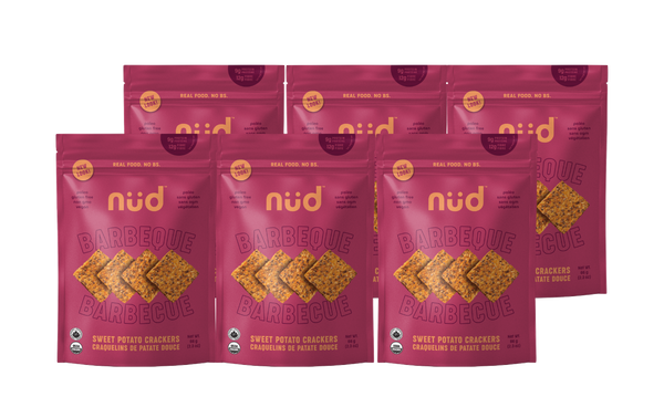 Multiple packages of nud Barbecue crackers on a white background
