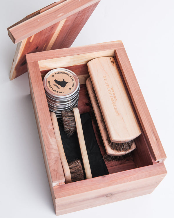 Luxury shoe polish box Step up your game with this cedar shoe shine box, proudly made in the USA and loaded with everything you need to keep your entire leather shoe collection in top shape.