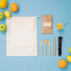 3 food wraps made from organic cotton and beeswax Bamboo utensil set with fork, knife, and spoon 3 produce bags made from recycled materials Metal straw with cleaning brush